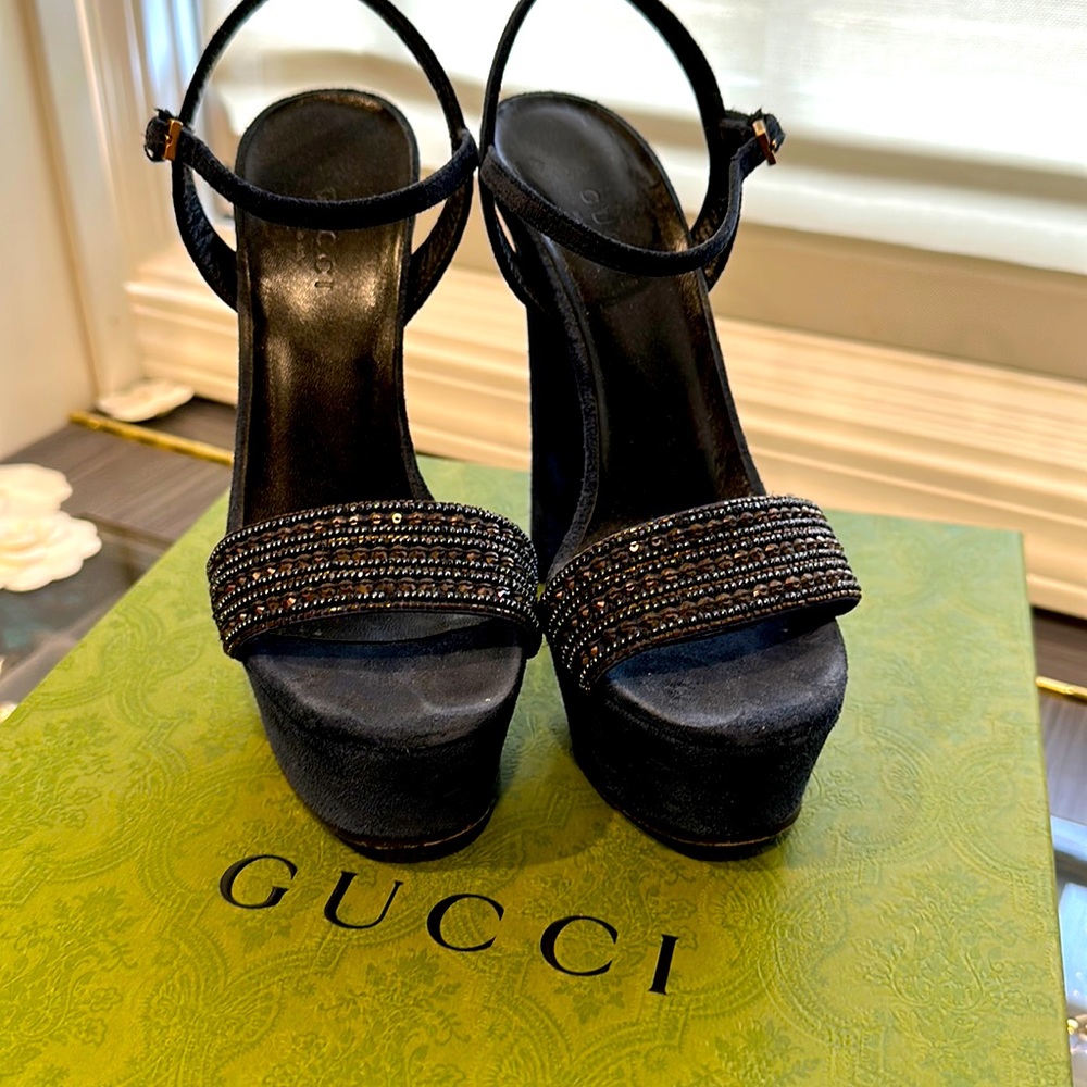 Rhinestone embellished platform, Gucci shoes.